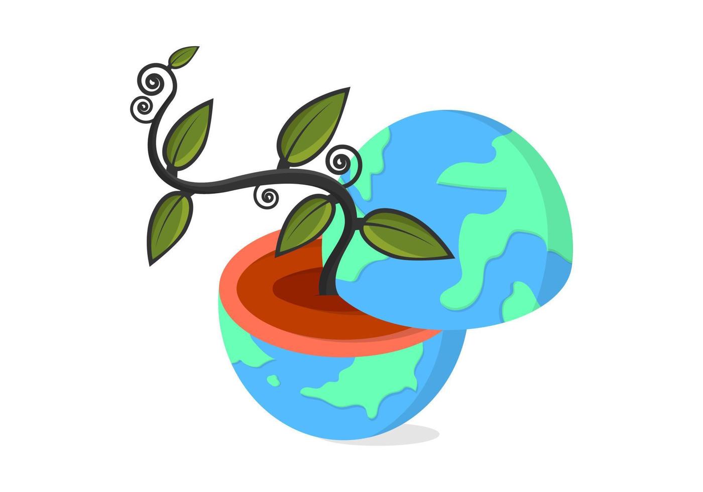 Earth day vector illustration. Design with earth drawing and plant on white background