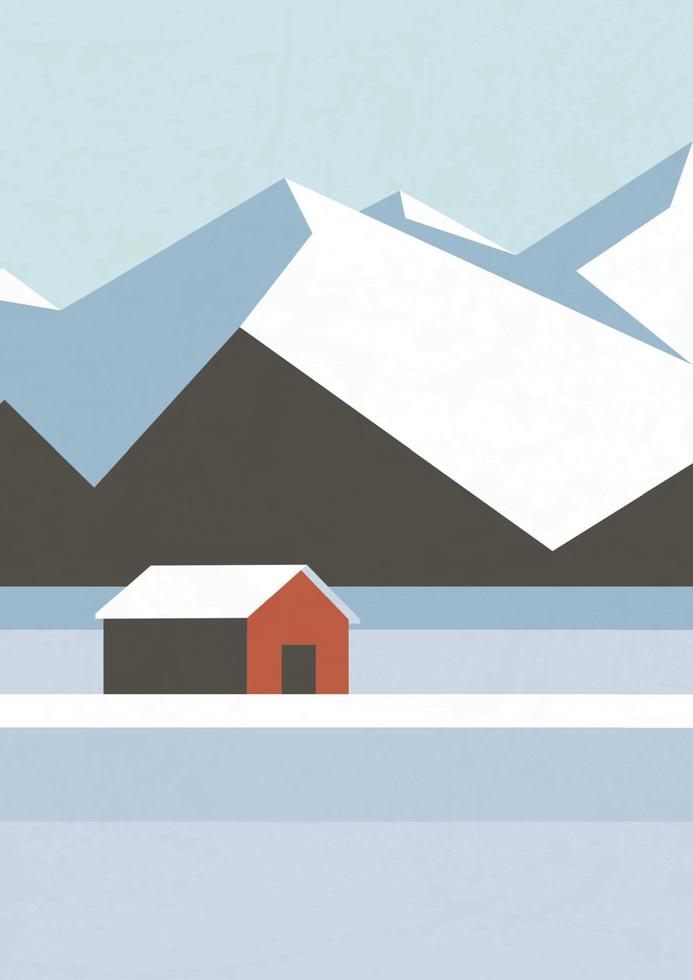 paisaje nórdico con picos y afiche de ilustración de la casa. invierno boho moderno, decoración de pared minimalista. impresión de arte vectorial vector