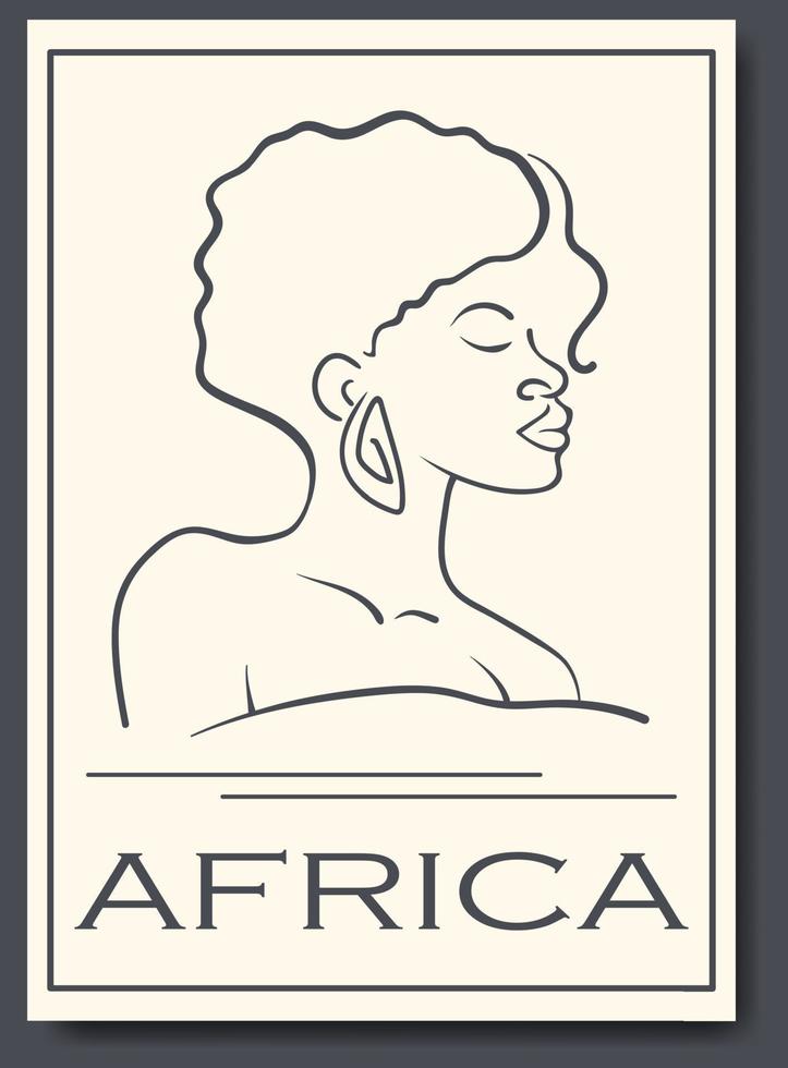 Afiche beige de dibujo de línea de retrato de mujer africana. las mujeres modernas minimalistas se enfrentan al arte de línea continua para estampados, tatuajes, afiches, textiles, postales. ilustración vectorial vector