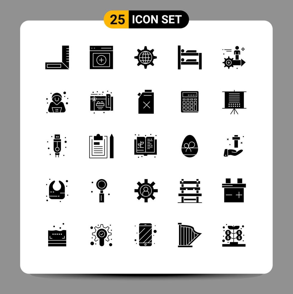 25 User Interface Solid Glyph Pack of modern Signs and Symbols of arrow setting globe room bed Editable Vector Design Elements