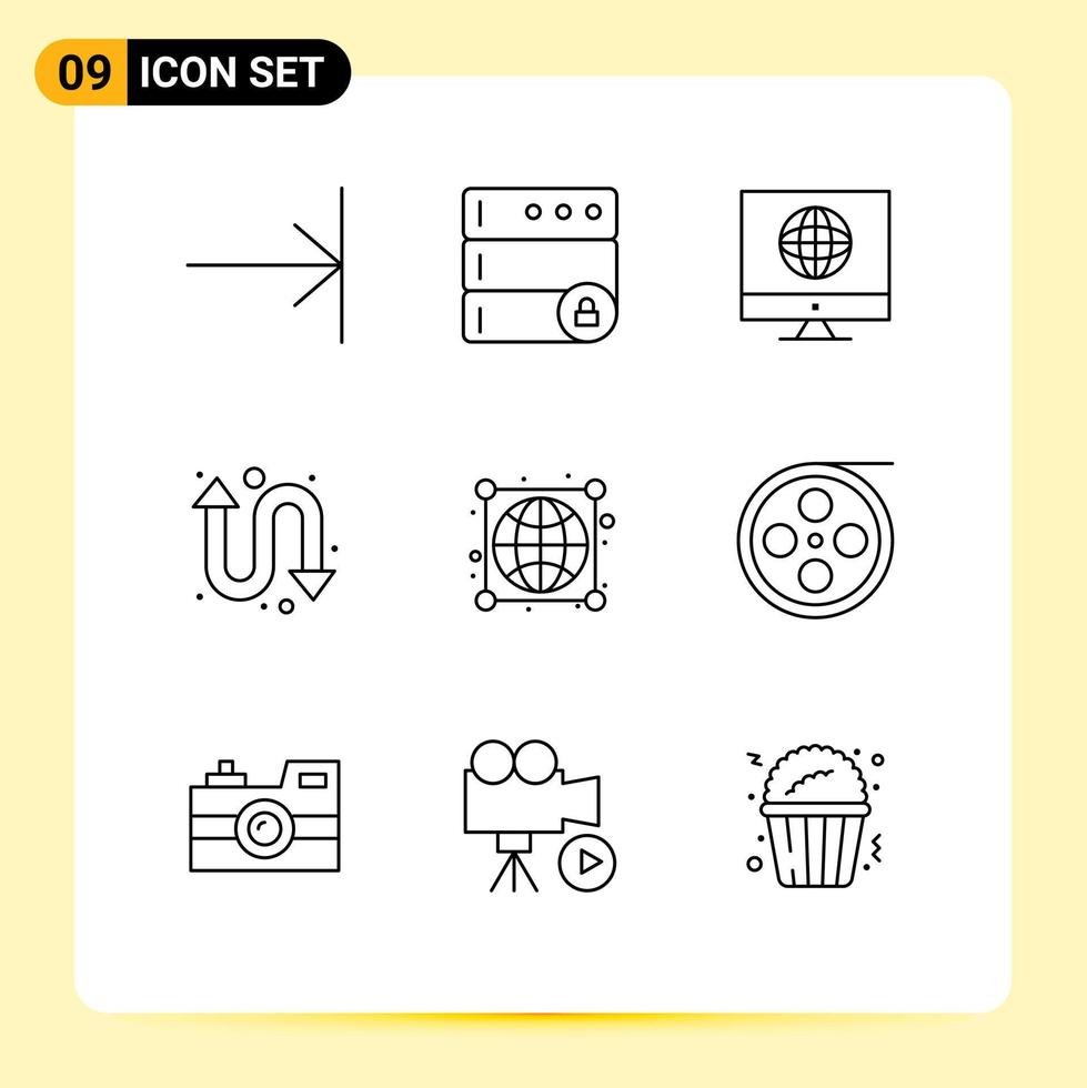 Mobile Interface Outline Set of 9 Pictograms of camera worldwide news globe watch kit Editable Vector Design Elements