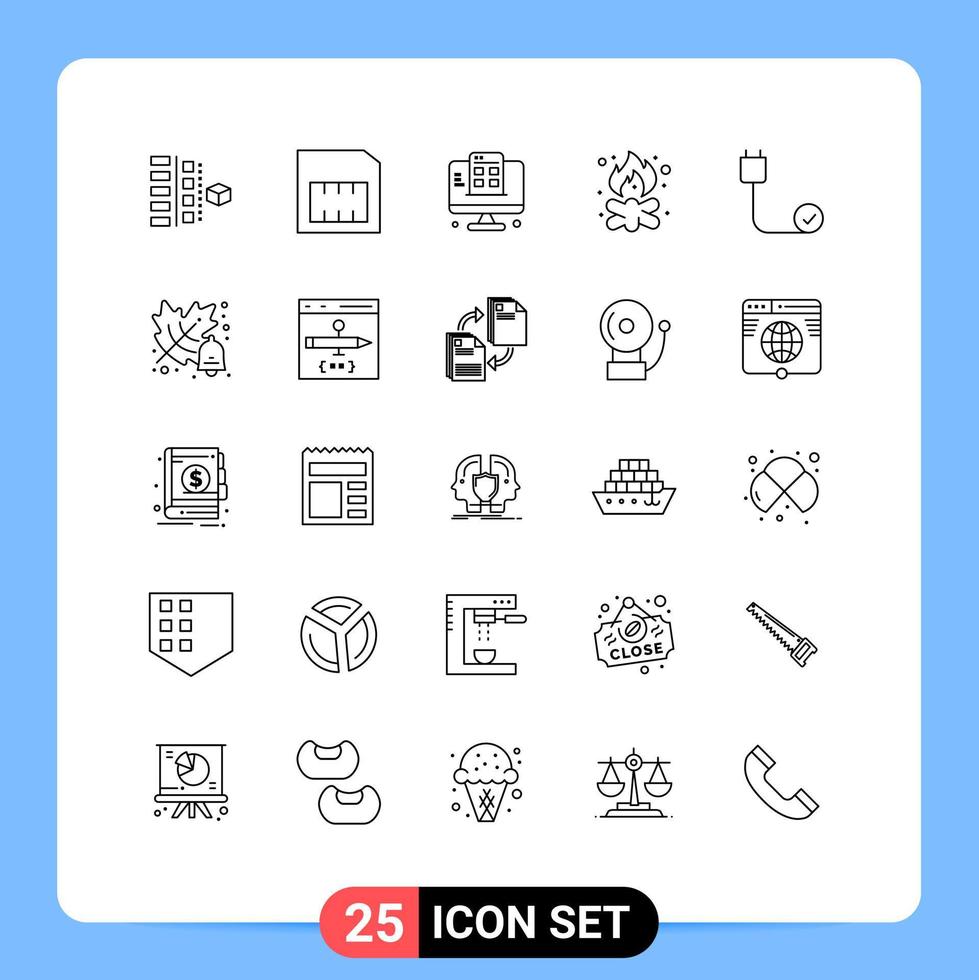 Stock Vector Icon Pack of 25 Line Signs and Symbols for computers campfire development camp beach Editable Vector Design Elements