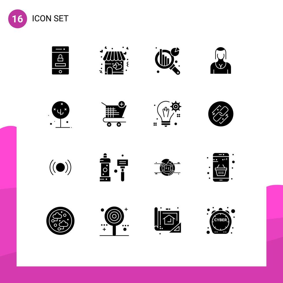 Group of 16 Modern Solid Glyphs Set for flower lady chart analysis girl avatar Editable Vector Design Elements