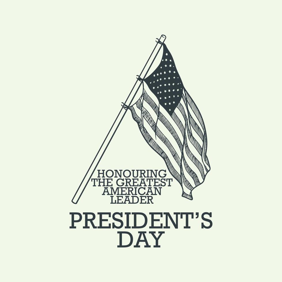 día del presidente elementos vintage dibujados a mano con una gran bandera americana aislada en fondo blanco. vector