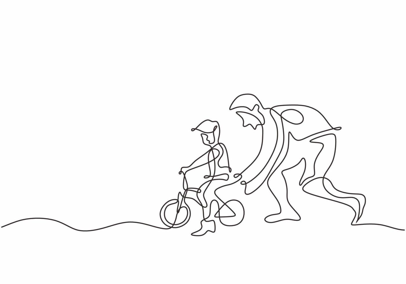 father son one line drawing with dad and child riding bicycle. vector