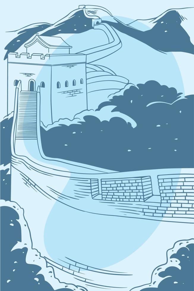 Hand drawn of ancient history building of the great wall of china vector