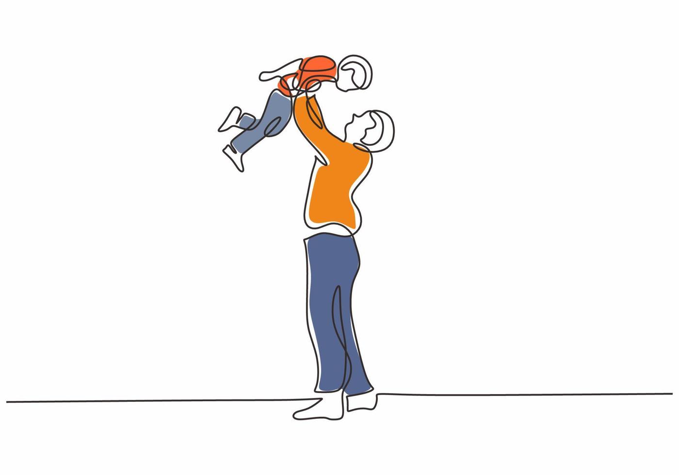 Father and son one line drawing. Dad holding a child with happy vector
