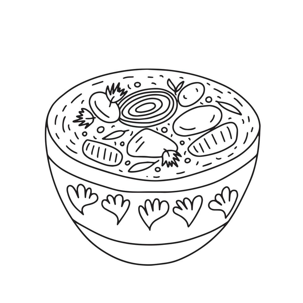 Vector traditional shorpa soup illustration. Hand drawn Uzbek cuisine soup
