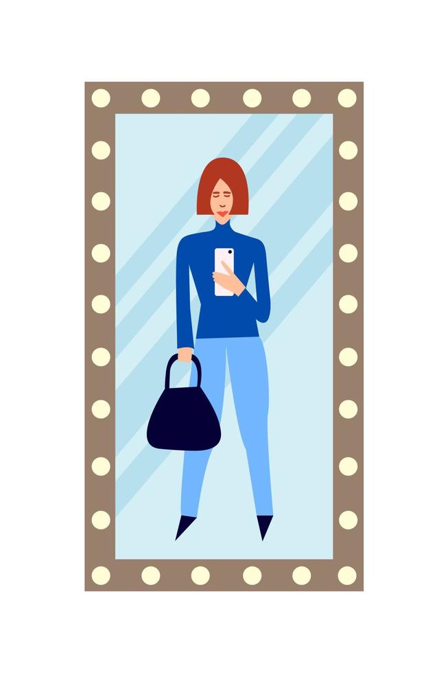 Stylist blogger making selfie in mirror. Woman taking photo in mirror. Fashion girl vector illustration.