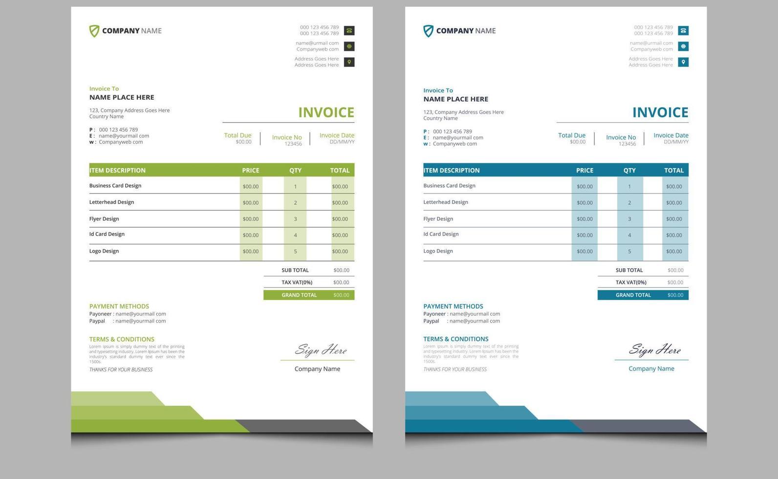 Simple blue green colors elegant minimal modern company creative corporate professional business bill form price invoice design template. vector