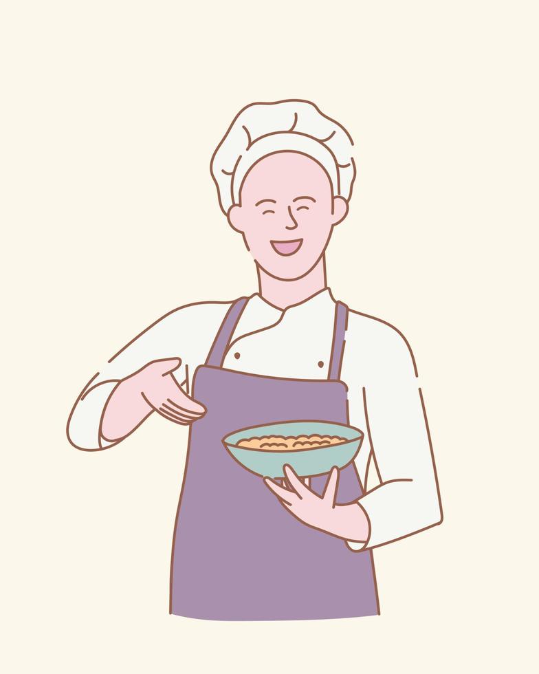 chef present dish food culinary with outline or line and clean simple style vector