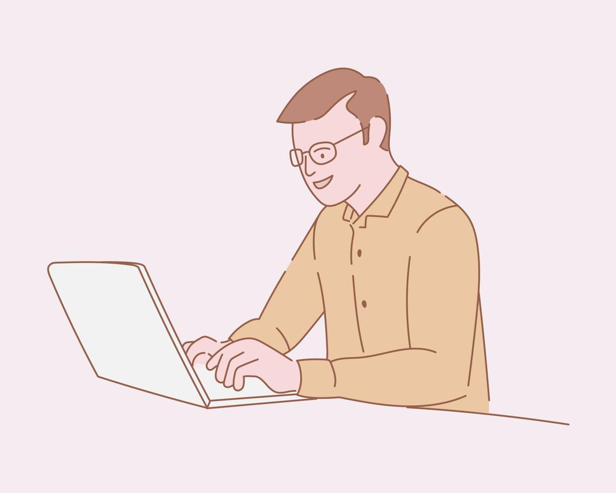 businessman professional with glasses work with laptop with outline or line and clean simple style vector