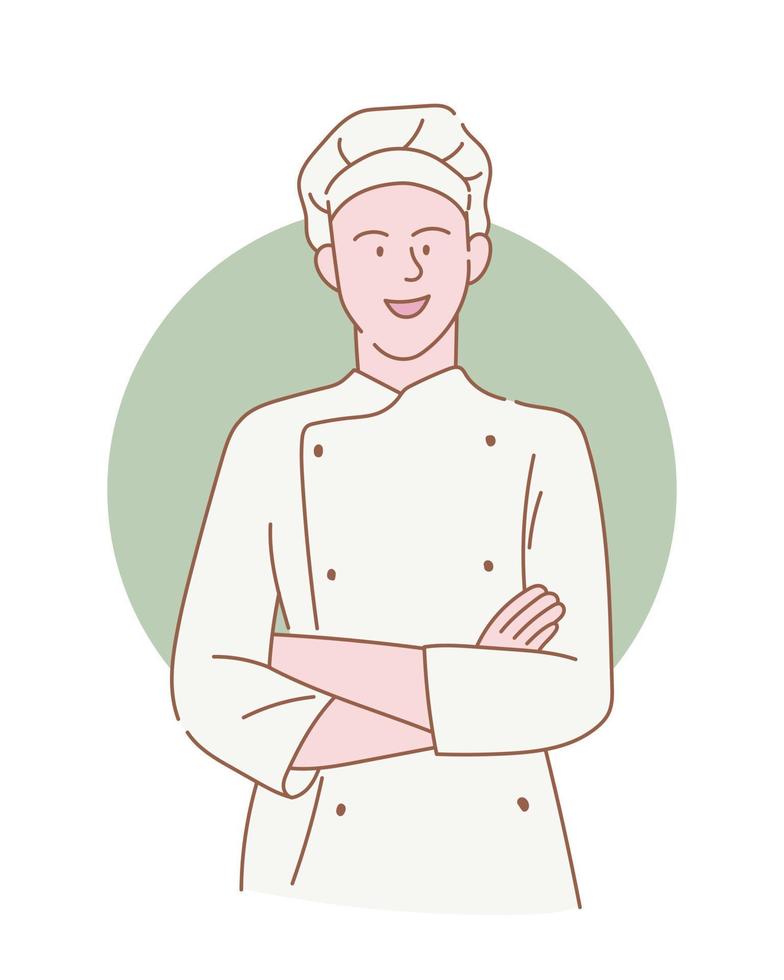 professional chef with smile and crossed arms with outline or line and clean simple style vector