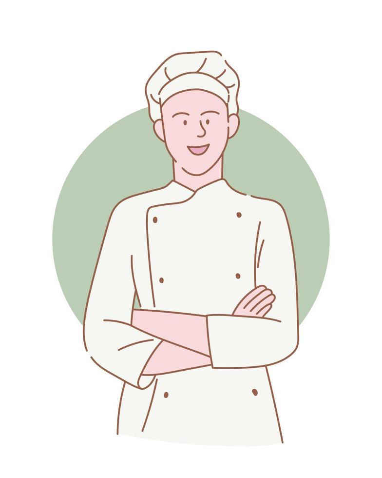 chef profesional con sonrisa y brazos cruzados con contorno o línea y estilo simple y limpio vector