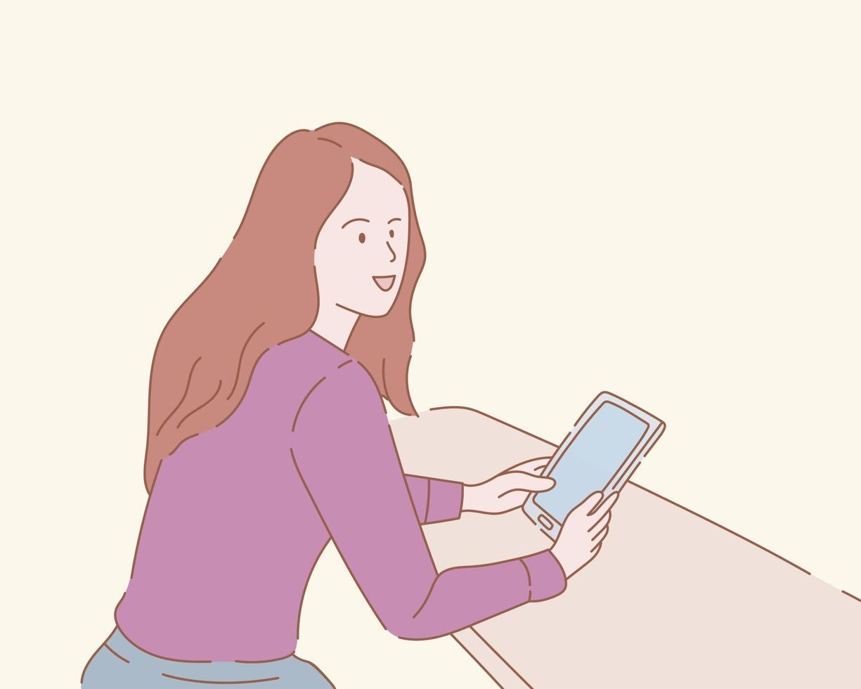 mujer de negocios trabaja con tableta en el escritorio con contorno o línea y estilo limpio y simple vector