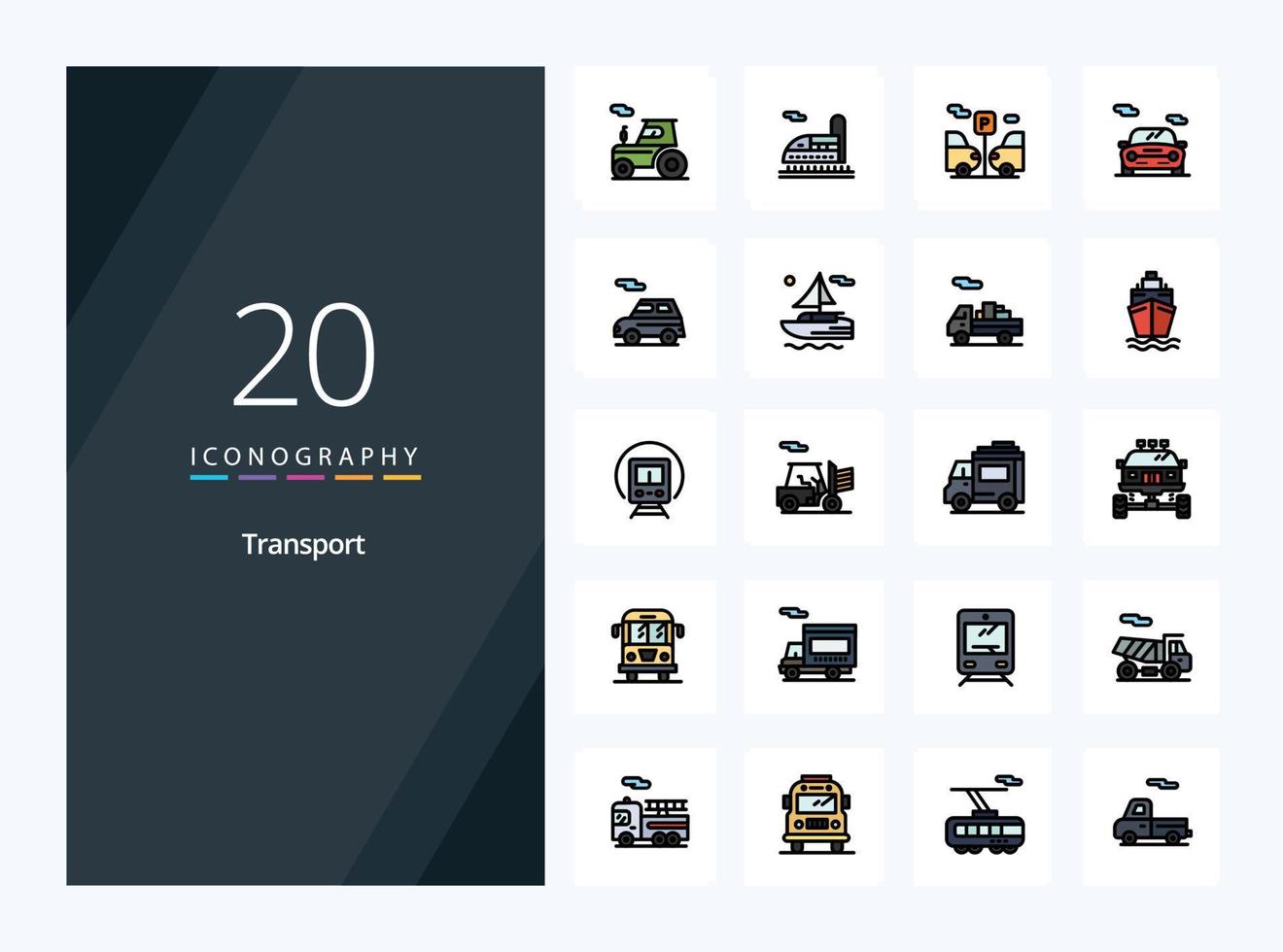 20 icono lleno de línea de transporte para presentación vector