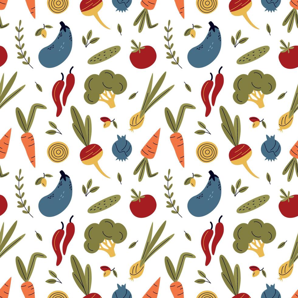 Vegetables seamless pattern. Healthy food background. Farm fresh, fresh and local, organic food, eco vegetables. Vegetarian, farm grocery store vector illustration. Healthy food isolated on white