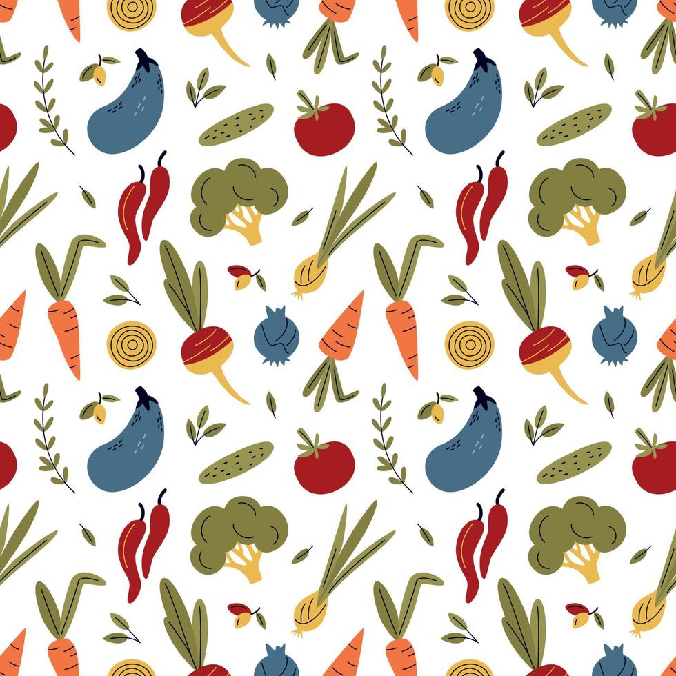 Vegetables seamless pattern. Healthy food background. Farm fresh, fresh and local, organic food, eco vegetables. Vegetarian, farm grocery store vector illustration. Healthy food isolated on white