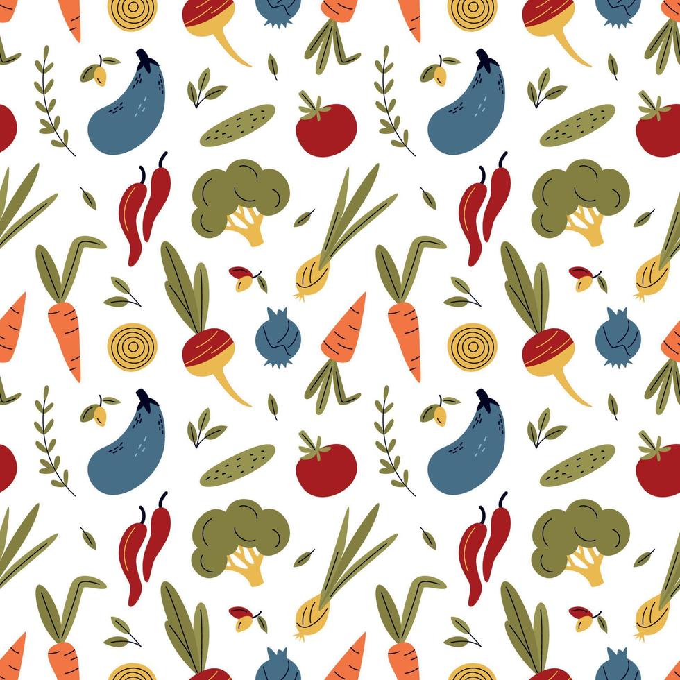 patrón sin costuras de verduras. fondo de alimentos saludables. granja fresca, fresca y local, alimentos orgánicos, vegetales ecológicos. vegetariano, ilustración de vector de tienda de comestibles de granja. comida sana aislada en blanco