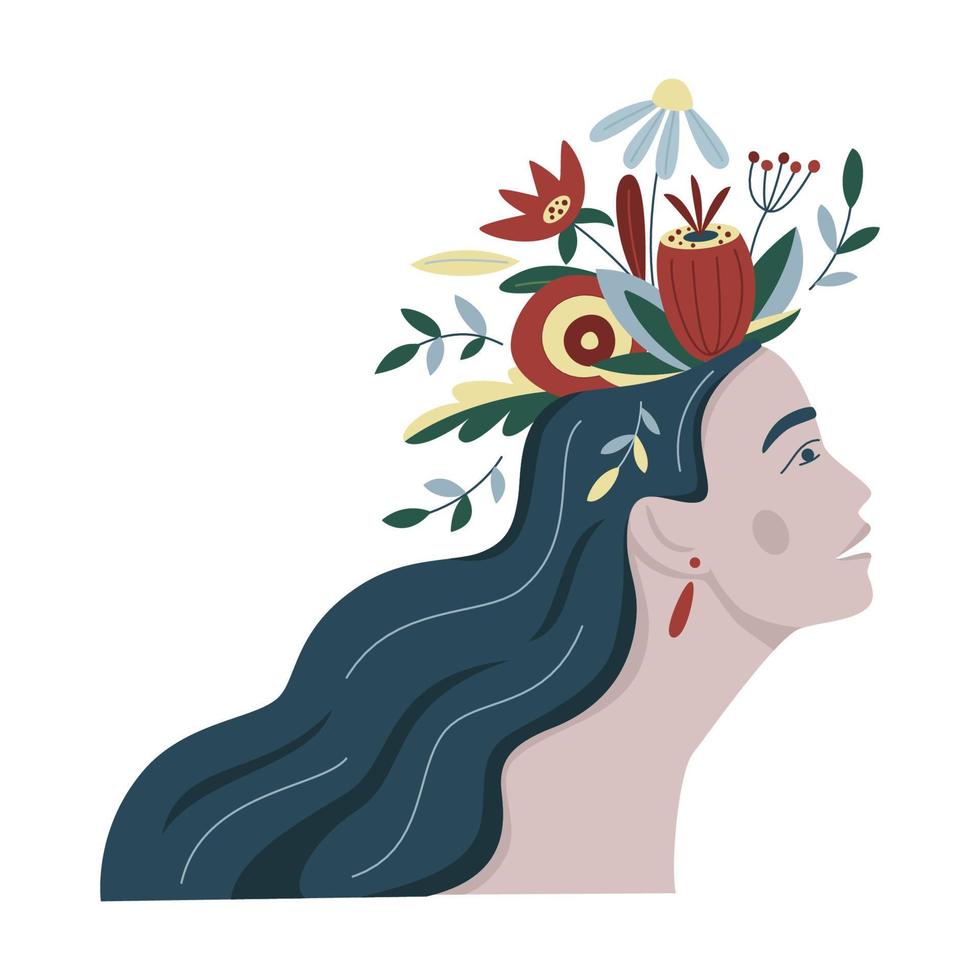 salud mental, felicidad, armonía concepto abstracto creativo. mujer joven hermosa y feliz con flores en la cabeza. atención plena, pensamiento positivo, idea de autocuidado. ilustración vectorial plana aislada vector