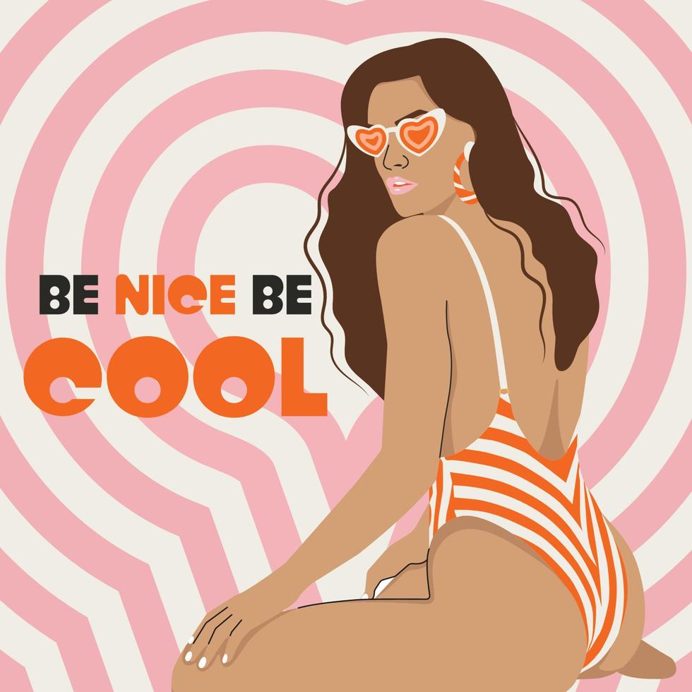 Groovy brown-haired Girl in a Swimsuit on geometric background. Female Retro character. Glamorous vector illustration Y2k.