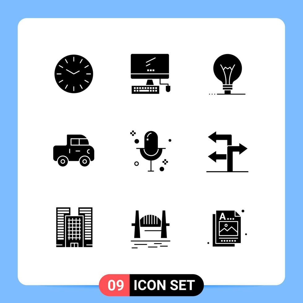 9 Solid Glyph concept for Websites Mobile and Apps microphone audio idea pickup car Editable Vector Design Elements
