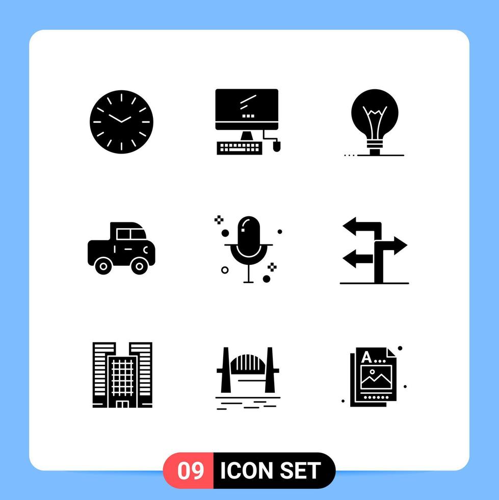 9 concepto de glifo sólido para sitios web móviles y aplicaciones micrófono audio idea camioneta coche elementos de diseño vectorial editables vector