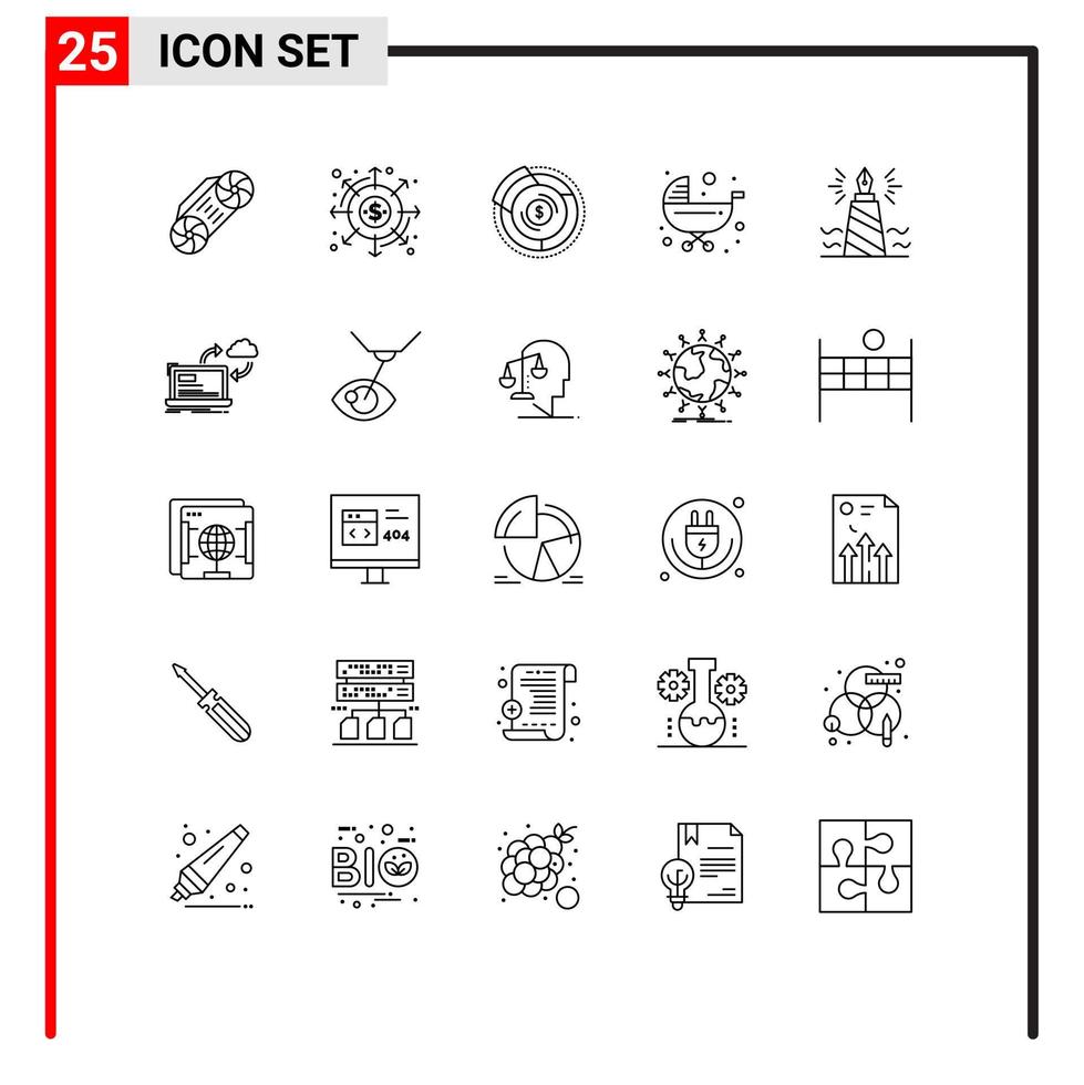 Pictogram Set of 25 Simple Lines of trolley push balance kids graph Editable Vector Design Elements