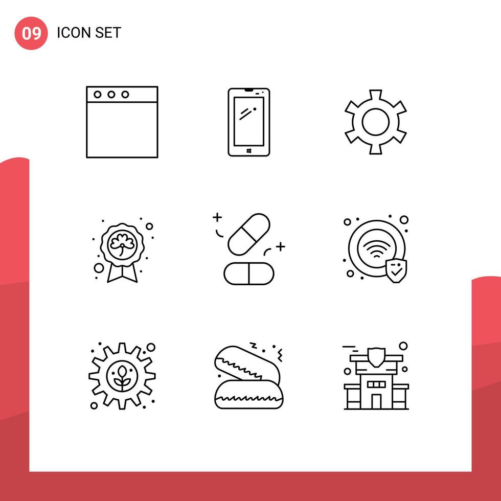User Interface Pack of 9 Basic Outlines of pills badge cog saint leaf Editable Vector Design Elements