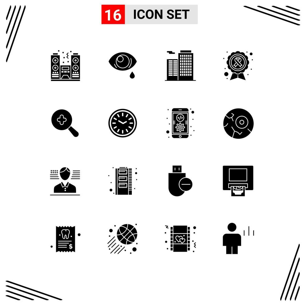 Set of 16 Vector Solid Glyphs on Grid for search disease apartment cause cancer Editable Vector Design Elements