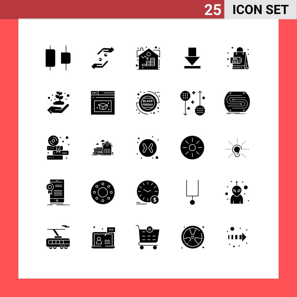 Mobile Interface Solid Glyph Set of 25 Pictograms of sales sales estate download arrow Editable Vector Design Elements