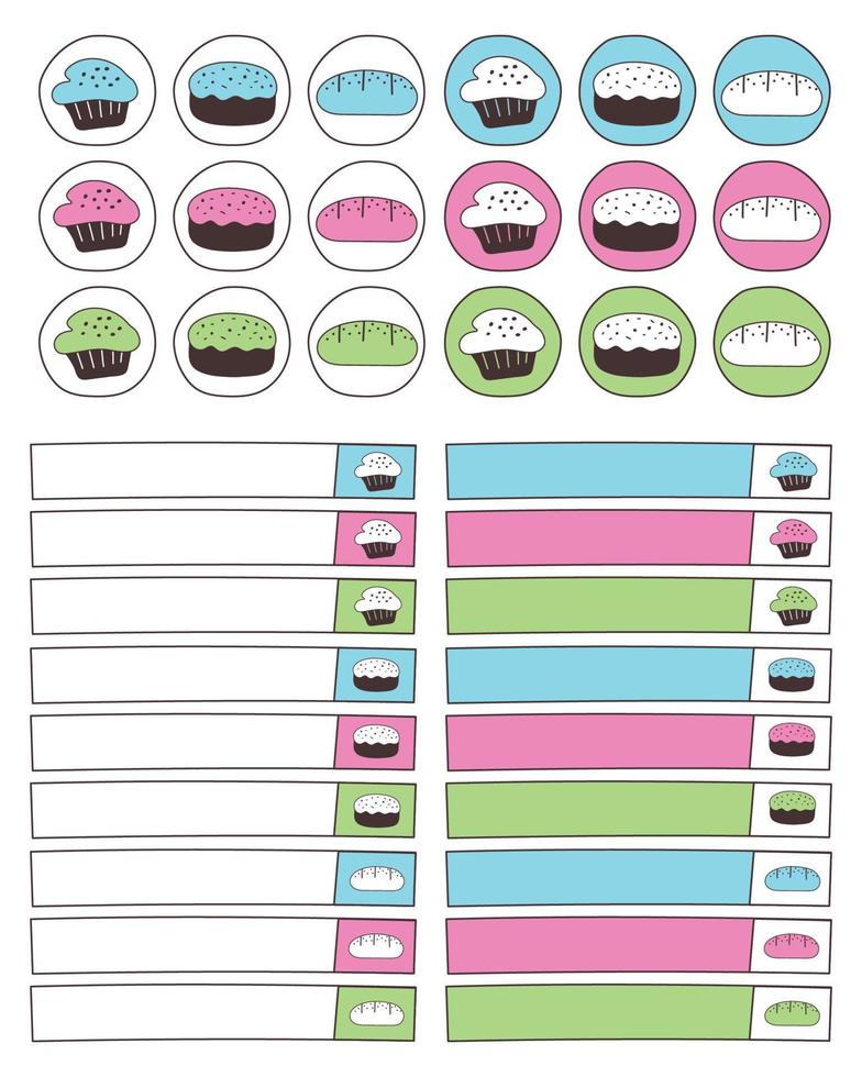 conjunto de pegatinas de planificador. pegatinas de planificador imprimibles. planificadores y etiqueta de días semanales. pegatinas de diario de viñetas, planificador, diseño de pegatinas de álbumes de recortes. vector