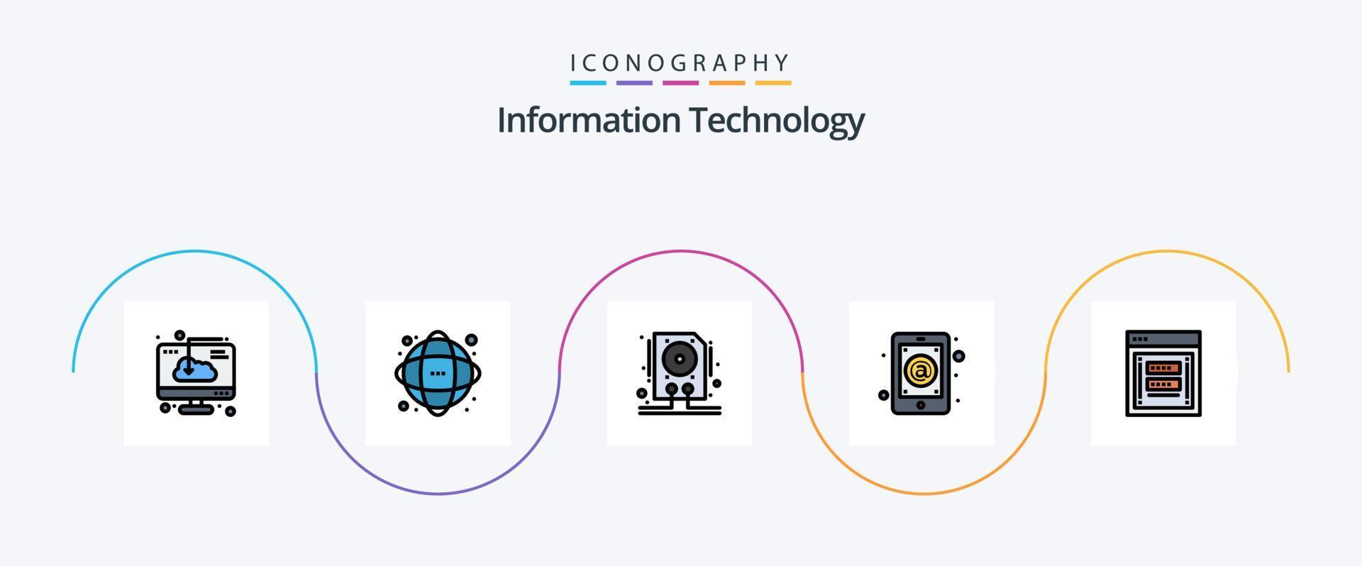 Information Technology Line Filled Flat 5 Icon Pack Including mail. email. network. app. hdd vector