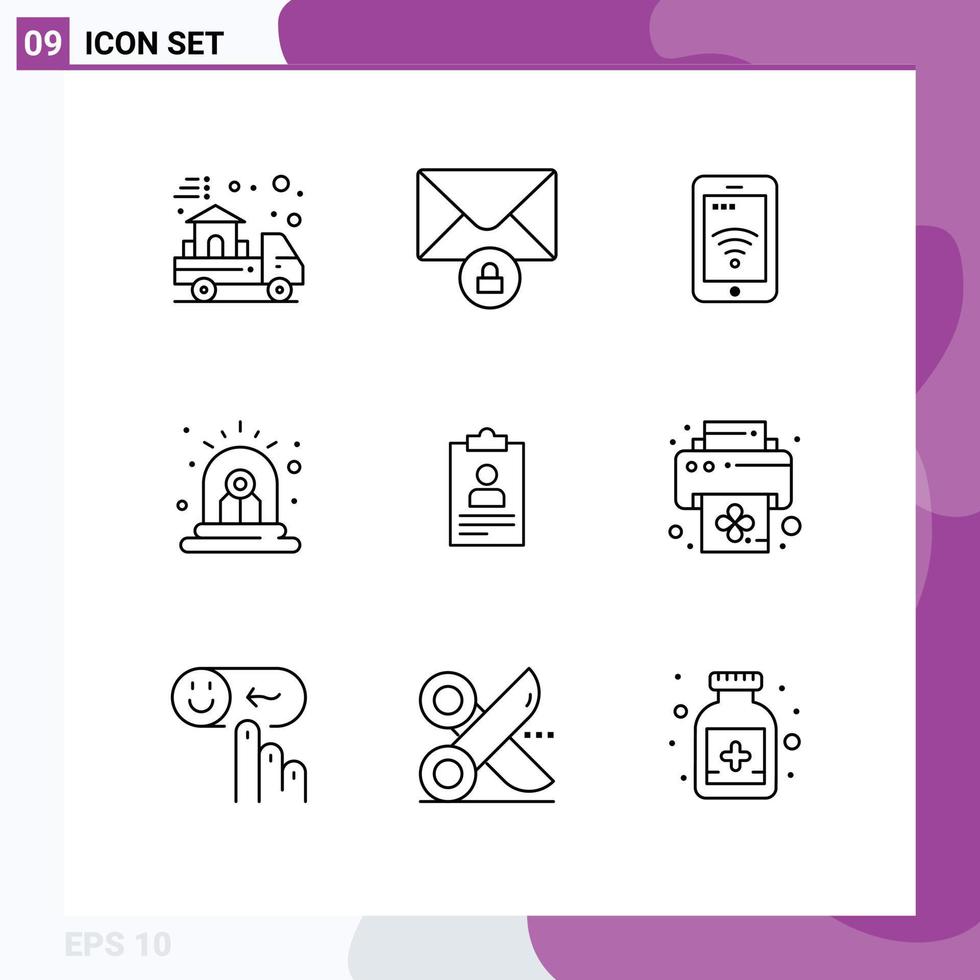 Stock Vector Icon Pack of 9 Line Signs and Symbols for clipboard resume sign siren alert Editable Vector Design Elements