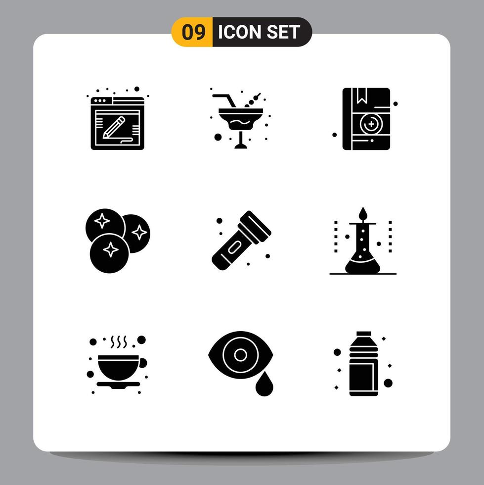 Modern Set of 9 Solid Glyphs and symbols such as flashlight line medical fruits food Editable Vector Design Elements