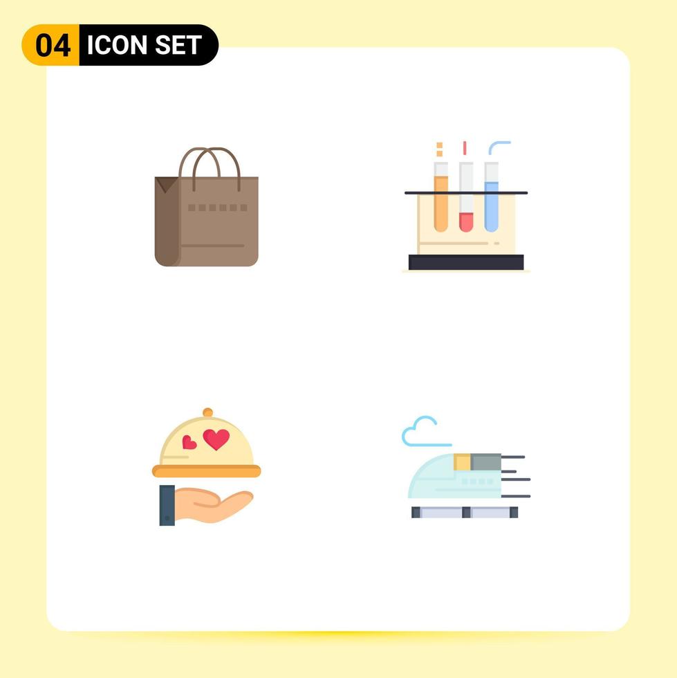 conjunto de pictogramas de 4 iconos planos simples de bolsa amor tienda laboratorio corazón elementos de diseño vectorial editables vector