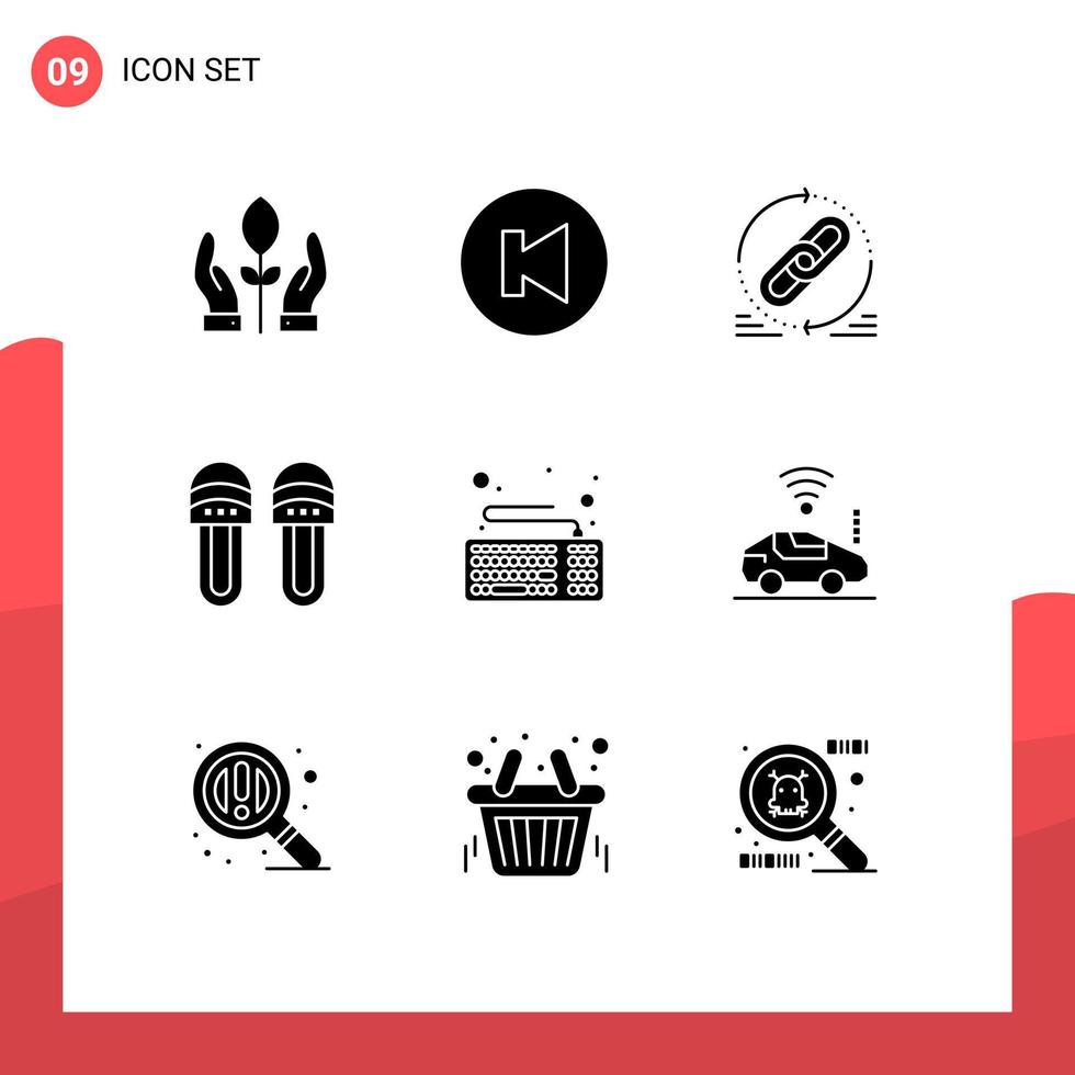 Group of 9 Modern Solid Glyphs Set for device slipper hyperlink footwear clothes Editable Vector Design Elements