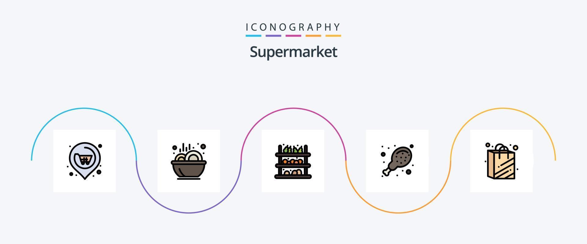 la línea de supermercado llenó el paquete de iconos planos 5 que incluye el supermercado. bolso. tienda de comestibles. supermercado. pollo vector