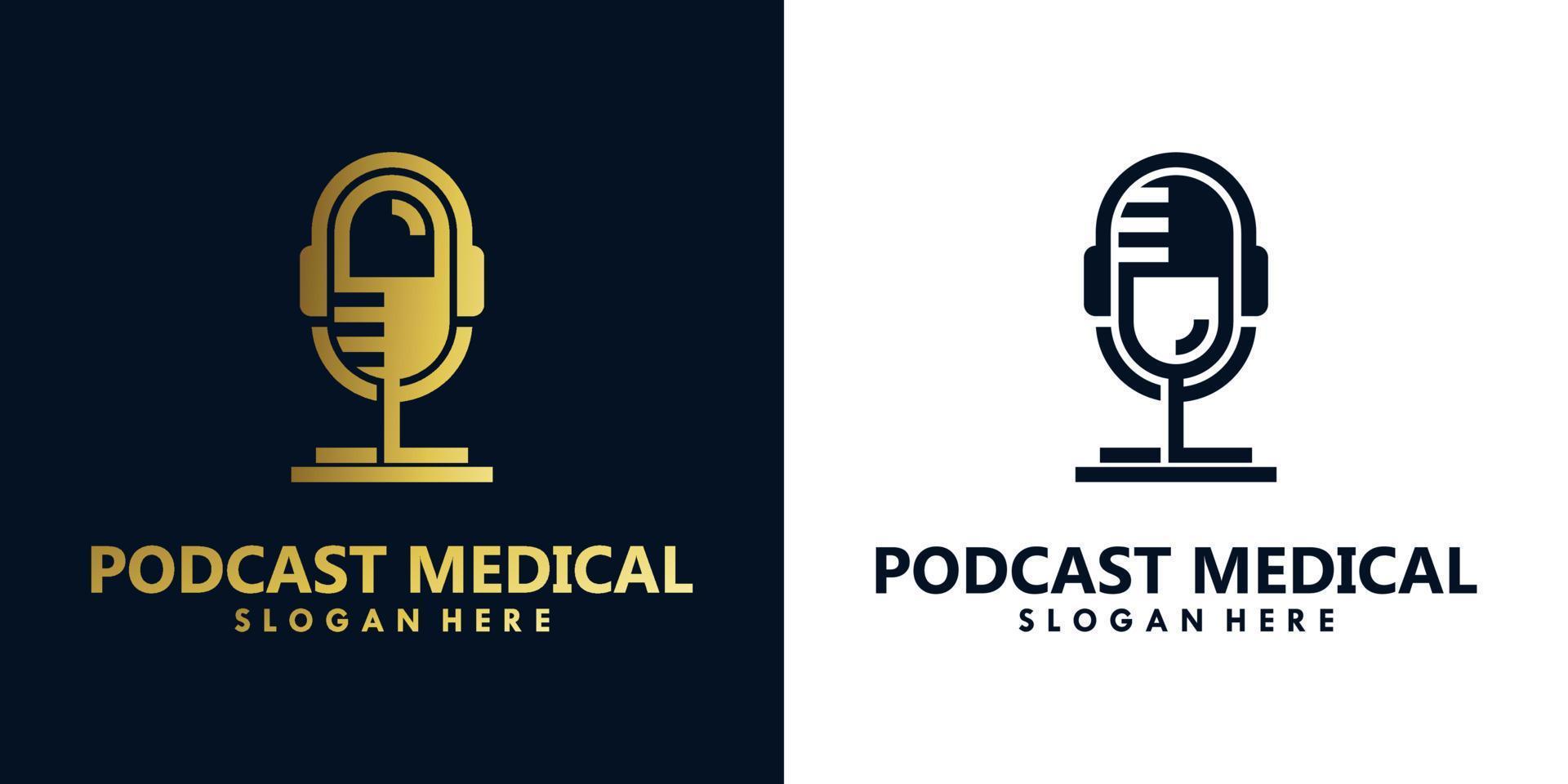 logo simple médico de podcast con combinación de micrófono y auriculares vector