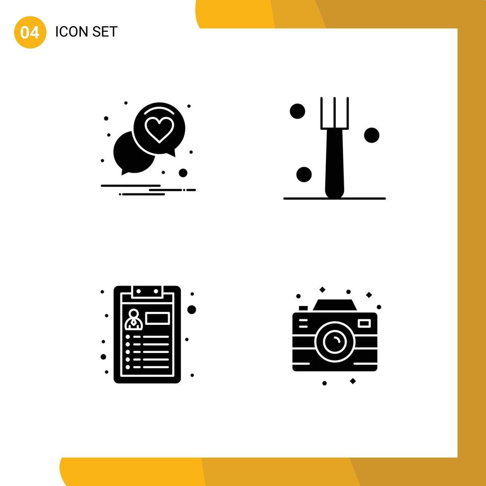 4 Universal Solid Glyph Signs Symbols of chat resume romance tableware camera Editable Vector Design Elements