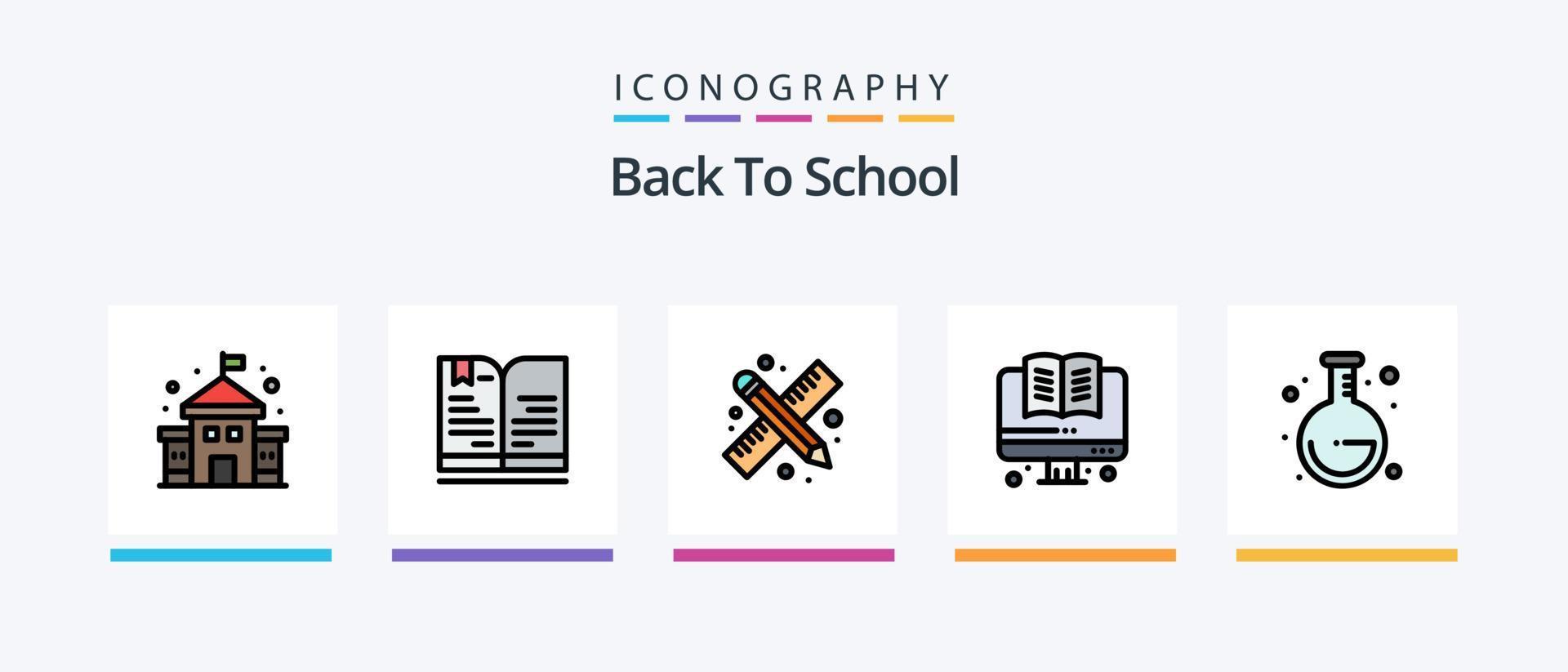 la línea de regreso a la escuela llenó el paquete de 5 íconos, incluida la escuela. bolso. preescolar. estudiar. aprendizaje. diseño de iconos creativos vector