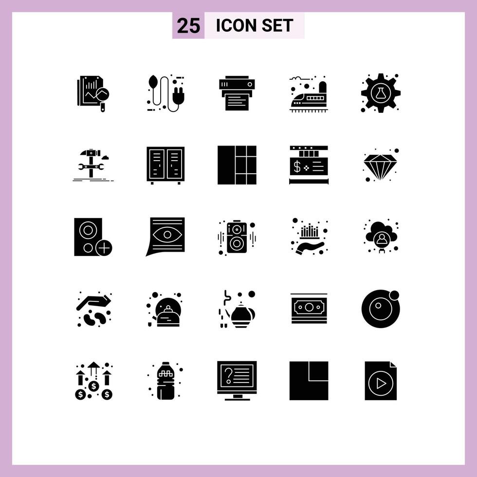 Set of 25 Commercial Solid Glyphs pack for cog train plug railway education Editable Vector Design Elements