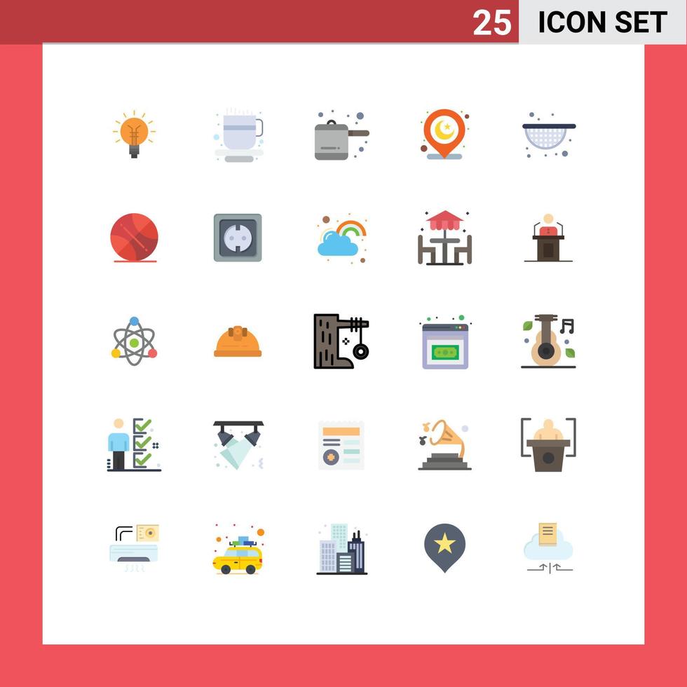 Pictogram Set of 25 Simple Flat Colors of food strainer tea cup map pin location Editable Vector Design Elements
