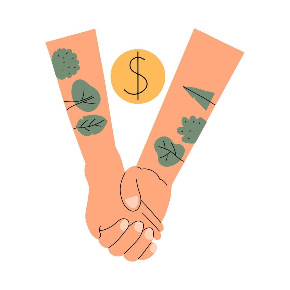 The concept of Environmental, Social, and Corporate Governance. Handshake, agreement. Ecological principle of the company. Vector illustration in flat style