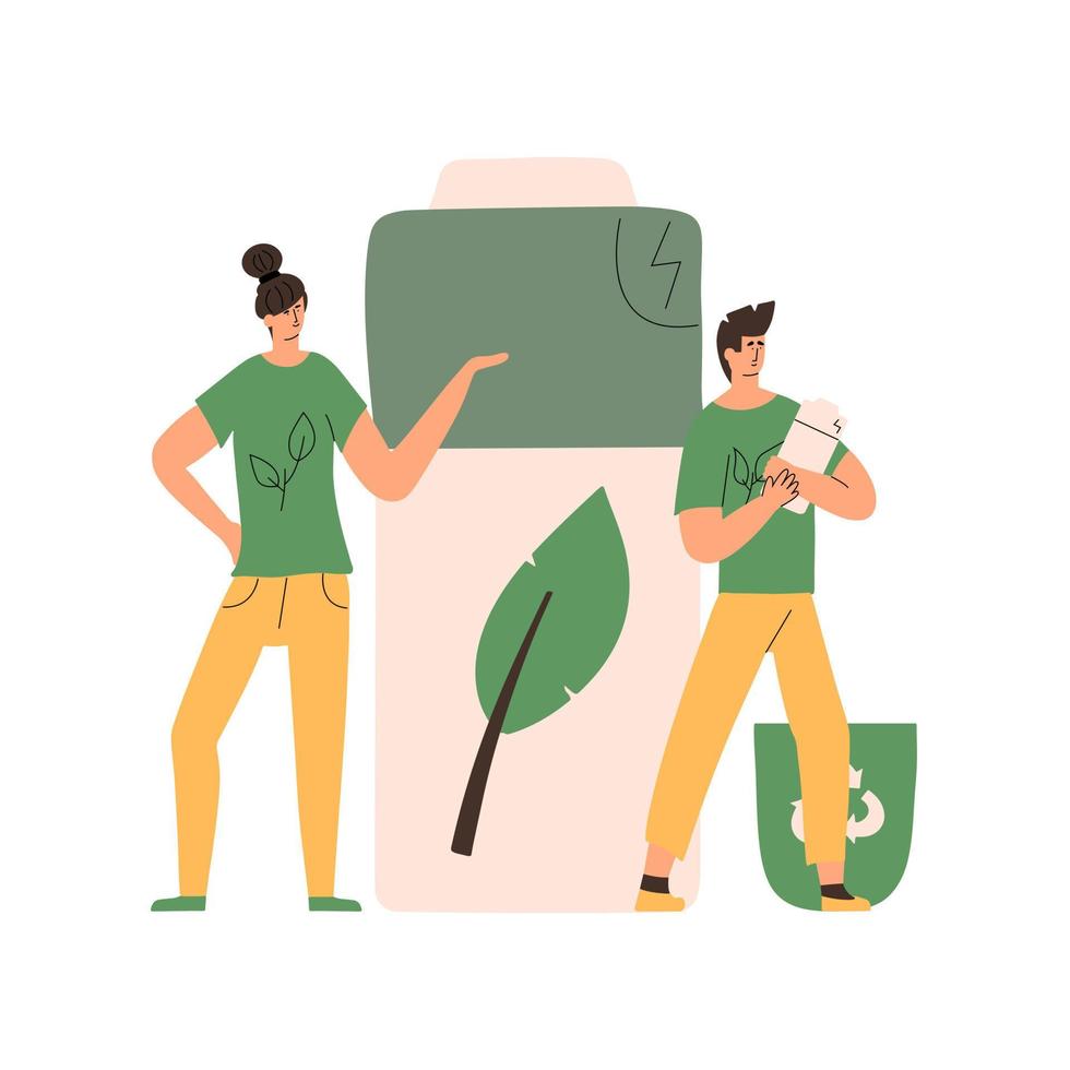 ESG concept. Eco-friendly recycling of alkaline batteries. Collective concern for the environment. Vector illustration in flat style