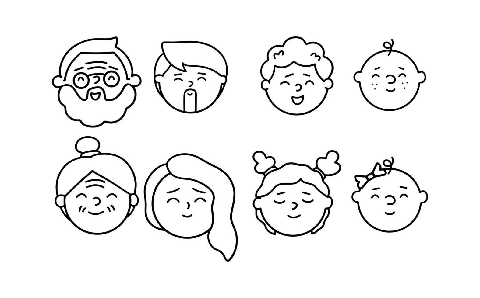 conjunto de íconos de personas de diferentes edades. padre, madre, abuela, abuelo, hijos, nietos. ilustración vectorial en estilo garabato vector