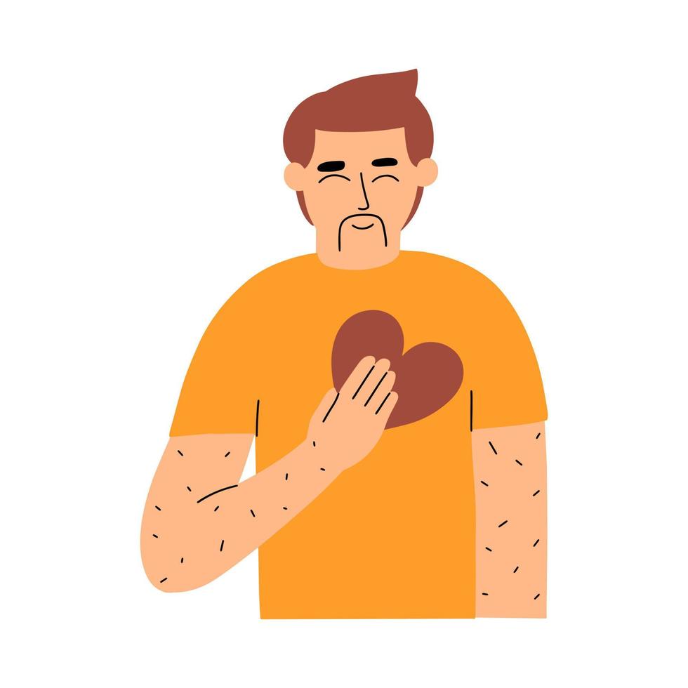 The man loves himself. Concept of narcissism, admiration of oneself. Romantic character holding a heart in his hand. Vector illustration in flat style