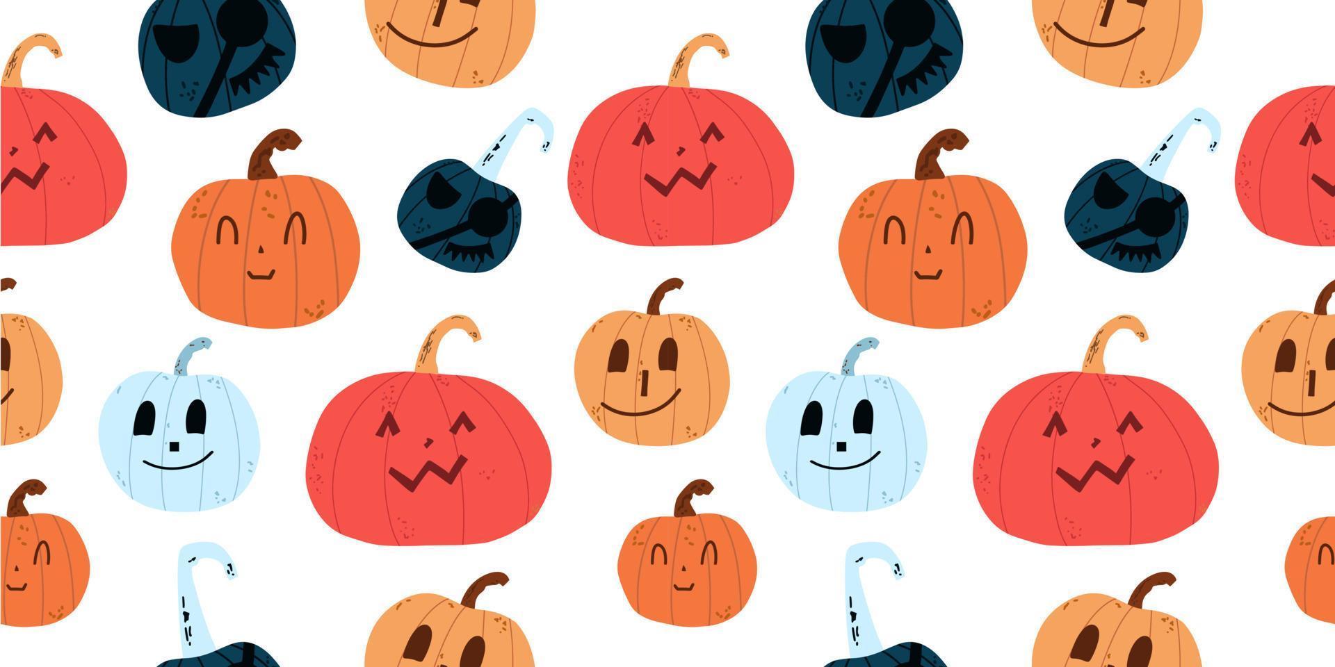 Seamless pattern with Halloween pumpkins in different bright colors. Vector illustration in hand drawn style
