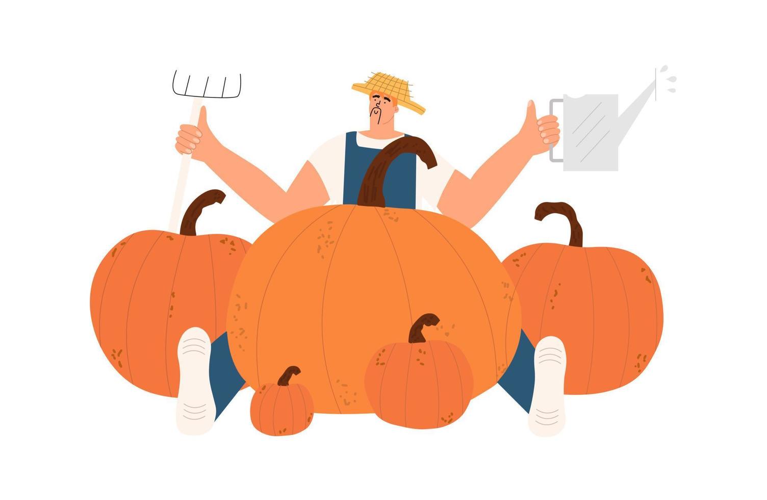 Farmer and pumpkin harvest. Vector illustration in hand drawn style