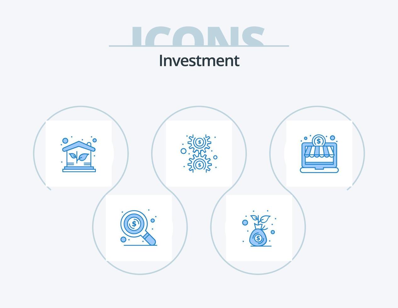 Investment Blue Icon Pack 5 Icon Design. money. online shop. house. cog. gear vector